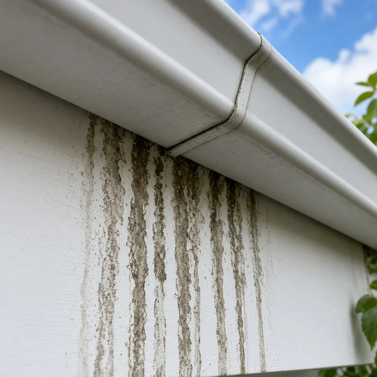 Gutter seam staining showing need for repair in Newnan GA